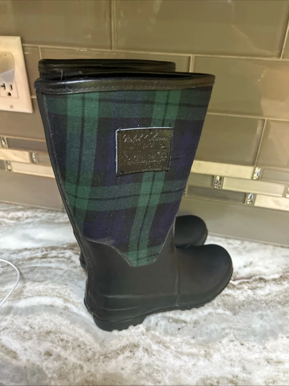 POLO Ralph Lauren Rain Boots Unisex Youth Girls/Boys Kids Navy Plaid  Sz 2. Good